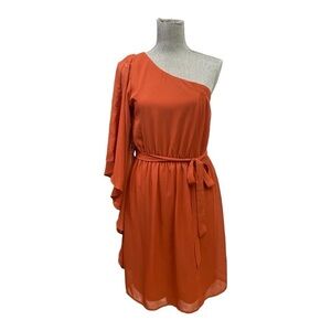 AUW One shoulder dress, Rust color, elastic back, hip sash size L, Knee length